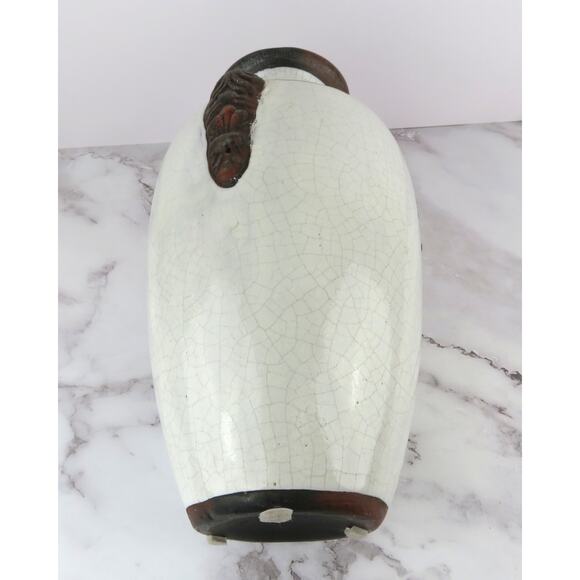 Vintage Large Crackle Glaze Pottery Vase w/ Mask Handles Rustic Asian Style 13" - Picture 7 of 9